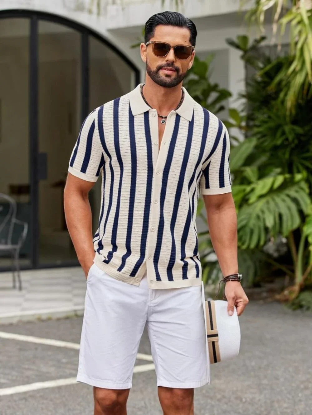 Men's Navy Blue Knit Short Sleeve Button Down Polo Striped Casual Beach Shirt - Picture 4 of 6